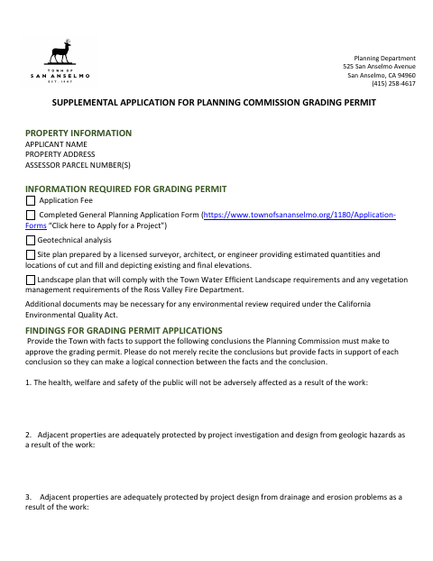 First page of the Supplemental Application for Planning Commission Grading Permit