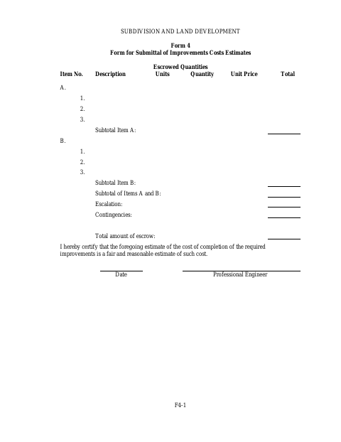 First page of the Form for Submittal of Improvements Costs Estimates