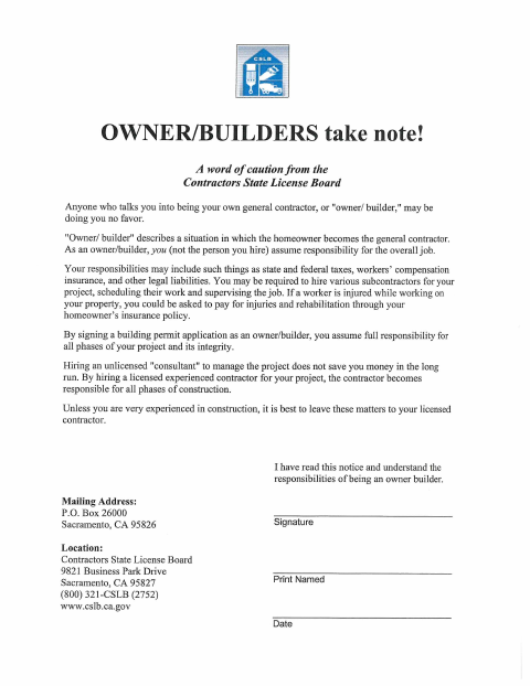 First page of the Owner-Builder Take Note Form