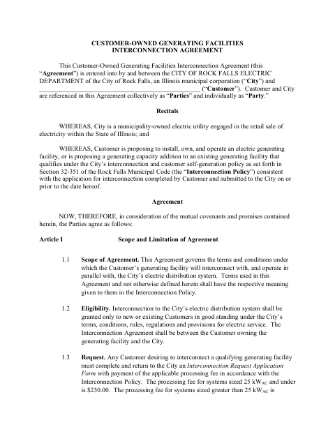 First page of the Customer-Owned Generating Facilities Interconnection Agreement
