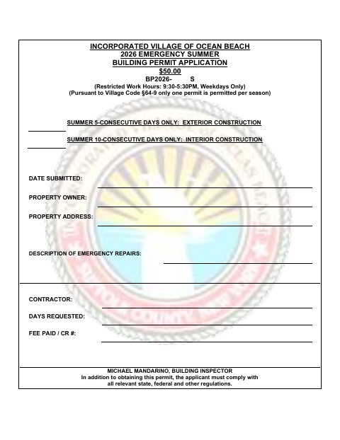 First page of the Emergency Summer Building Permit Application