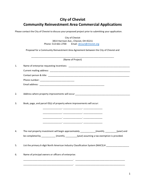 First page of the Community Reinvestment Area Commercial Application