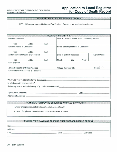 First page of the Application for Copy of Death Record