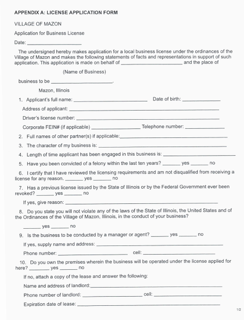 First page of the Business License Application