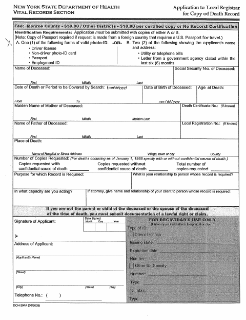 First page of the Application for Copy of Death Record