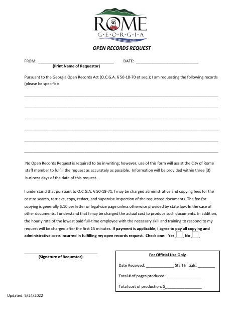 First page of the Open Records Request