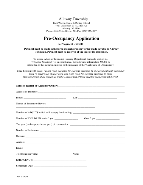 First page of the Pre-Occupancy Application