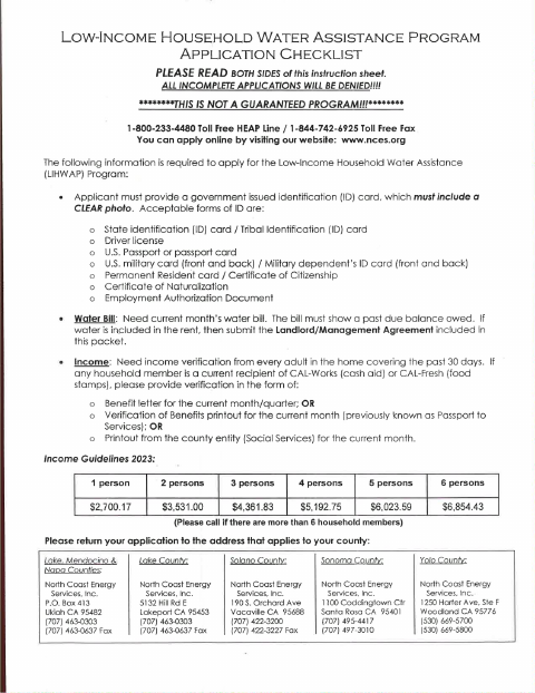 First page of the Water Assistance Program Application – English