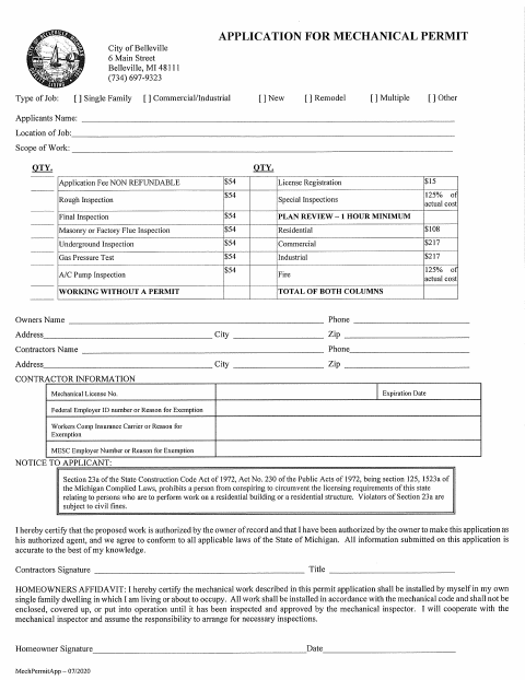 First page of the Mechanical Permit Application