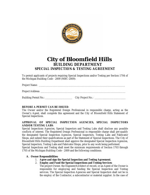 First page of the Special Inspection and Testing Agreement