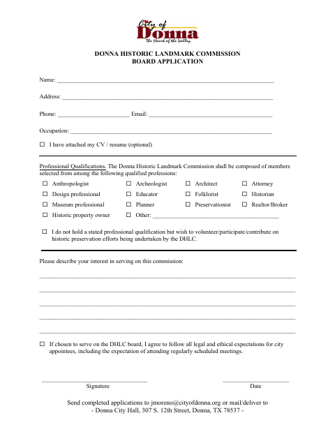 First page of the Historic Landmark Commission Board Application