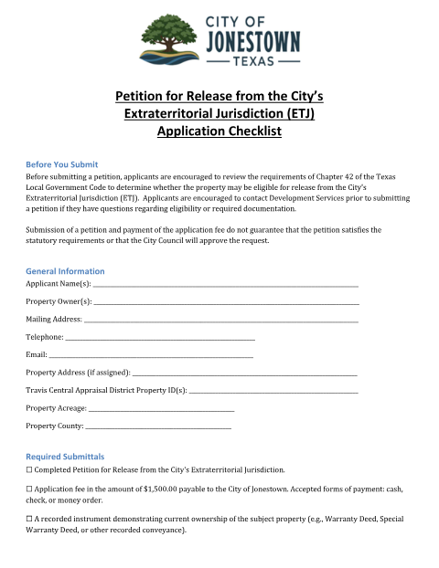 First page of the Petition for Release from the City’s Extraterritorial Jurisdiction