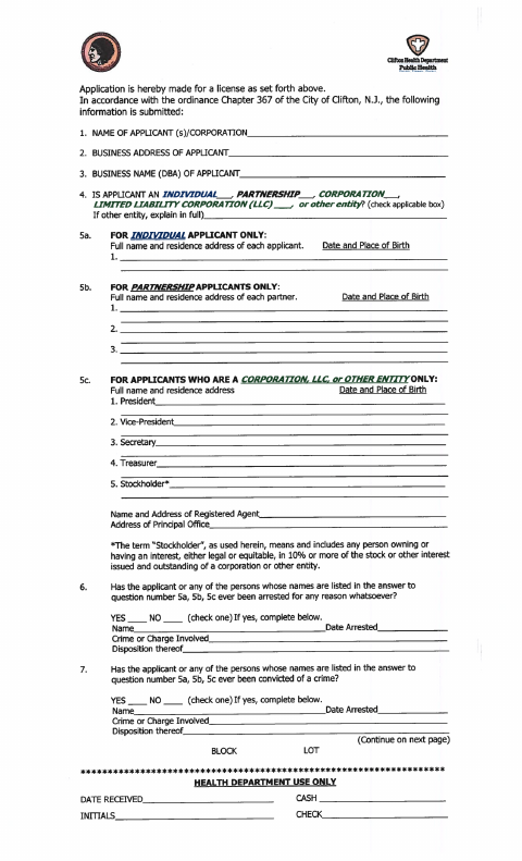 First page of the Retail Food Establishment License Application