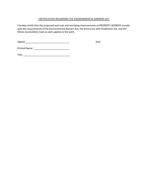 First page of the Certification Regarding the Environmental Barriers Act
