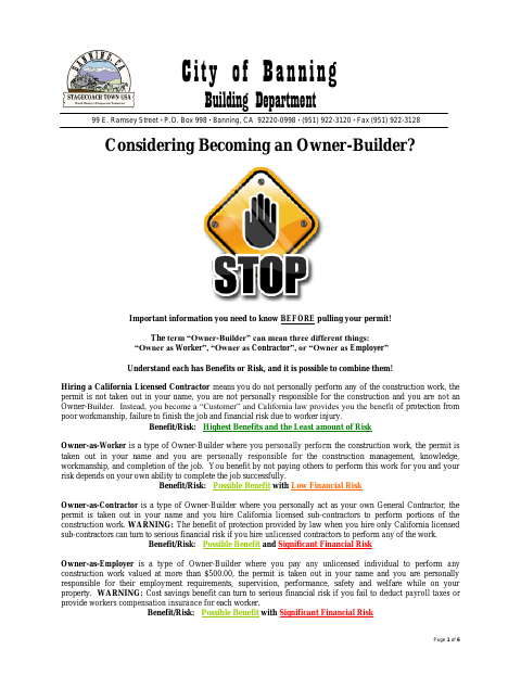 First page of the Owner-Builder Construction Permit Application