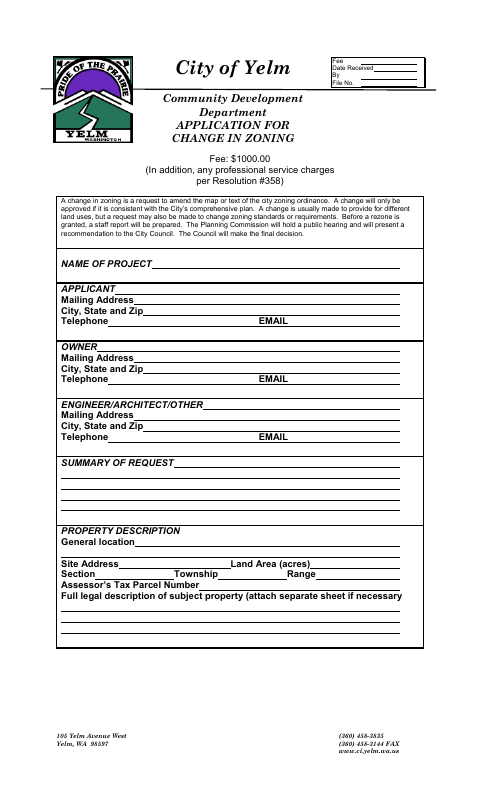 First page of the Application for Change in Zoning