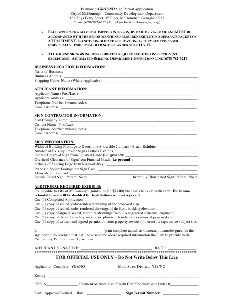 First page of the Permanent Ground Sign Permit Application