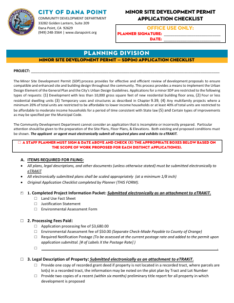 First page of the Minor Site Development Permit Checklist