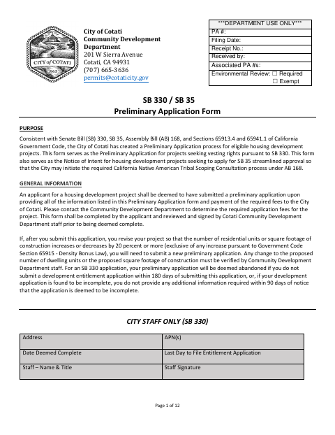 First page of the SB 330 / SB 35 Preliminary Application Form