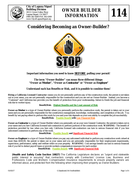 First page of the Owner Builder Information
