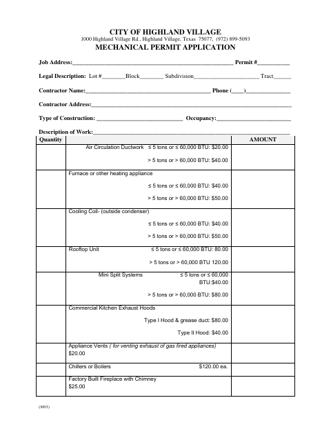 First page of the Mechanical Permit Application