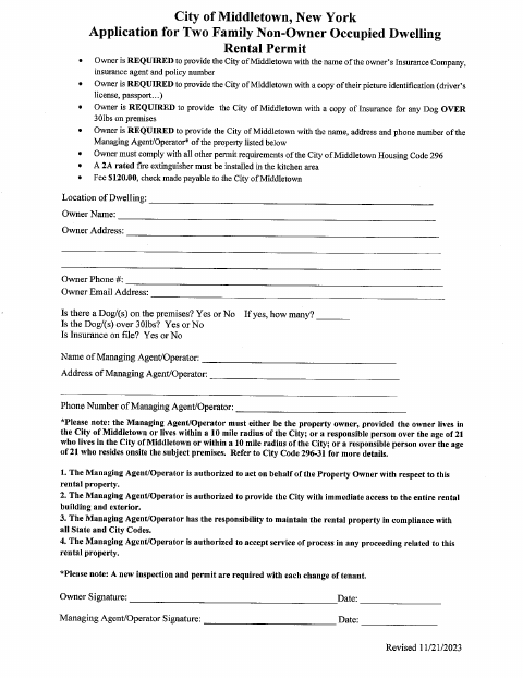 First page of the Application for Two Family Non-Owner Occupied Dwelling Rental Permit