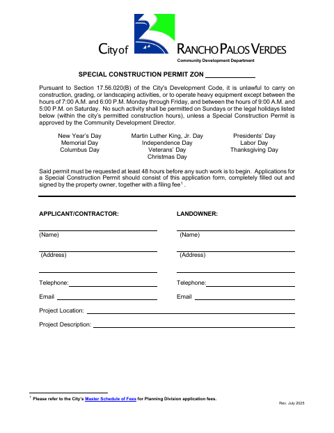 First page of the Special Construction Permit