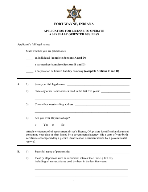 First page of the Sexually Oriented Business License Application