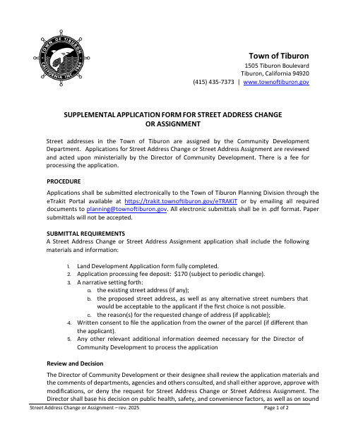 First page of the Supplemental Application Form for Street Address Change or Assignment