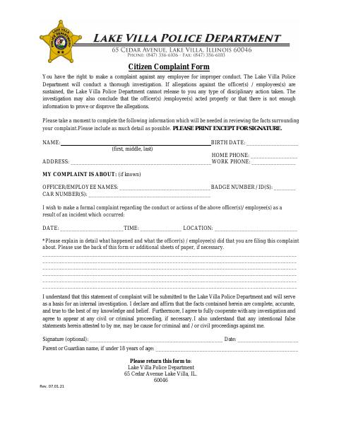 First page of the Citizen Complaint Form