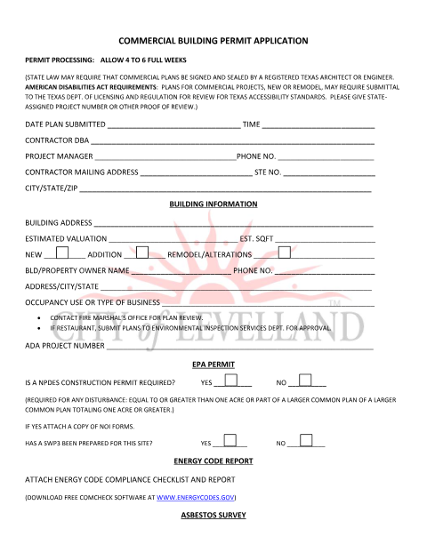 First page of the Commercial Building Permit Application