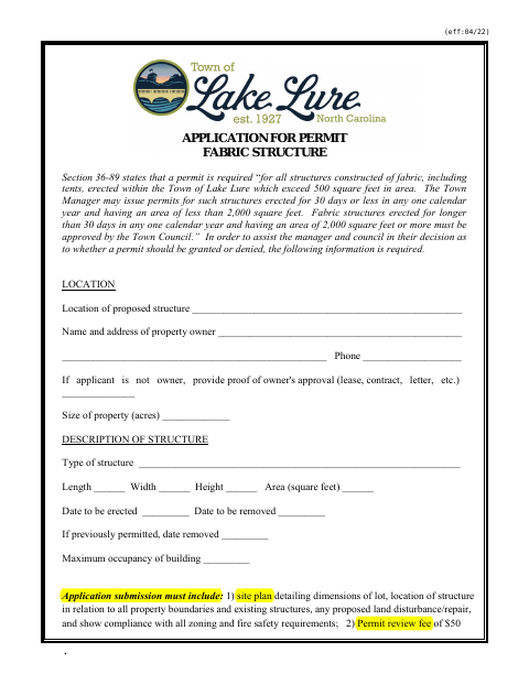 First page of the Application for Permit Fabric Structure