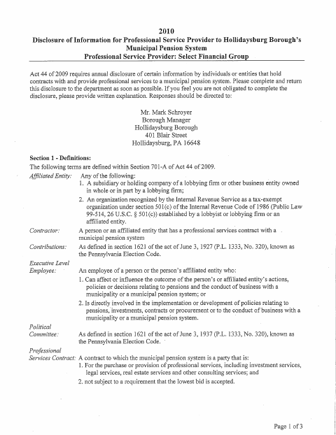First page of the Act 44 Professional Service Provider Disclosure