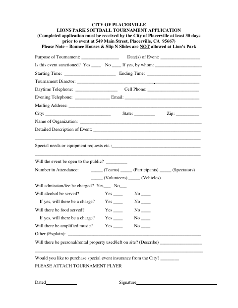 First page of the Lions Park Softball Tournament Application