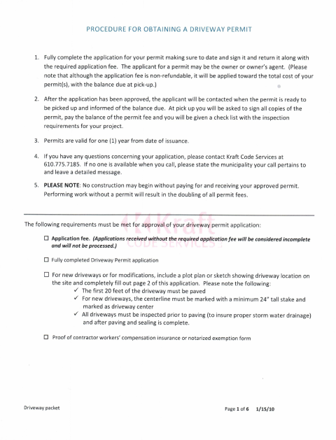 First page of the Driveway Permit Application