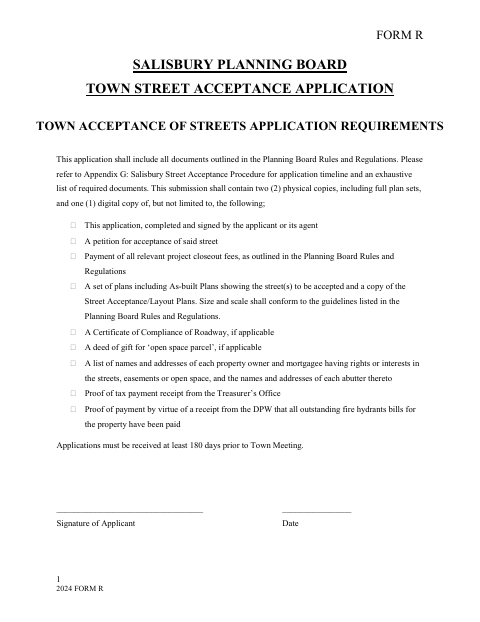 First page of the Town Street Acceptance Application