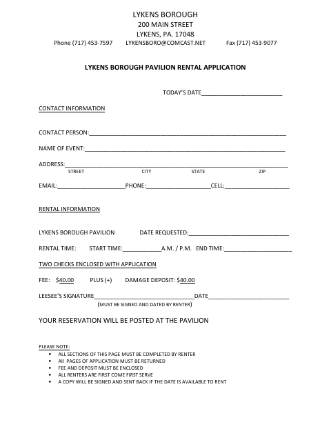 First page of the Pavilion Rental Application