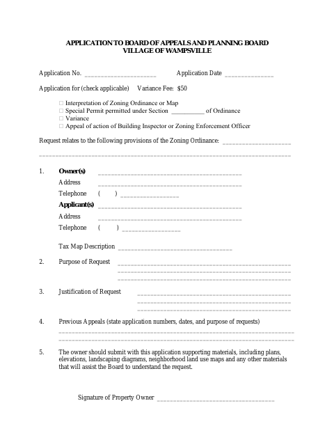 First page of the Application to Board of Appeals and Planning Board