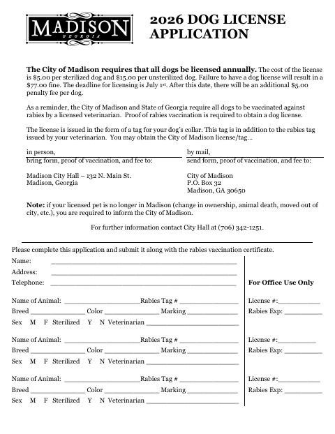 First page of the 2026 Dog License Application