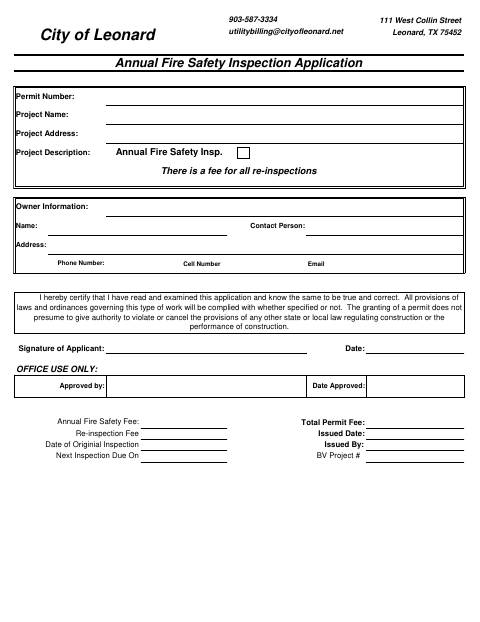 First page of the Annual Fire Safety Inspection Application