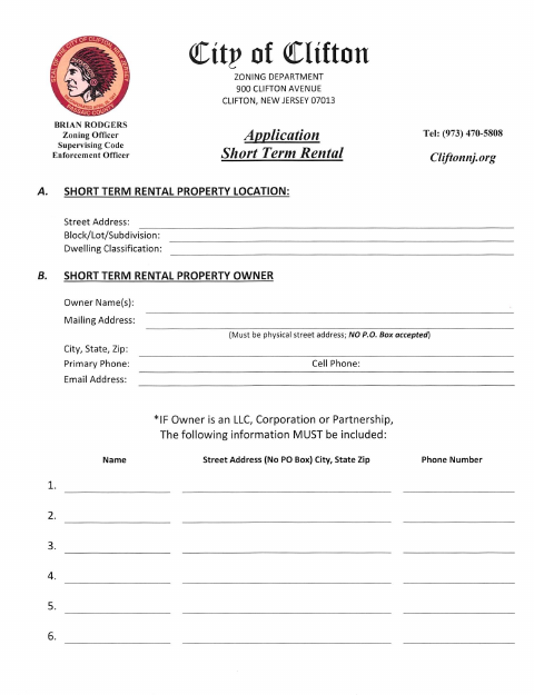 First page of the Short Term Rental Property Application – Zoning