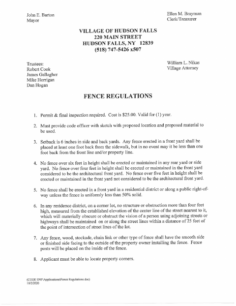 First page of the Fence Permit Application and Regulations