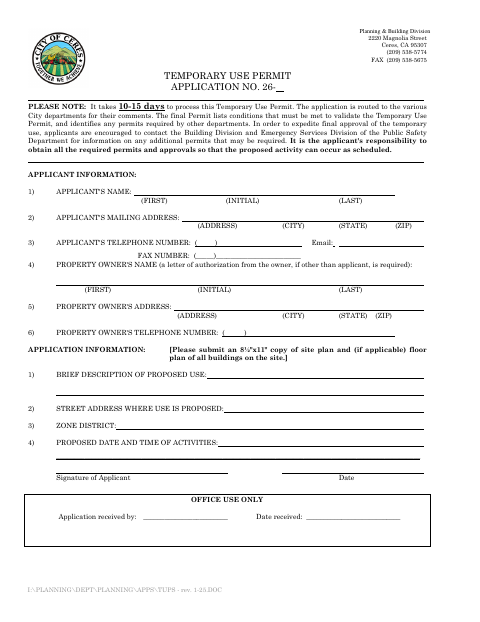 First page of the Temporary Use Permit Application