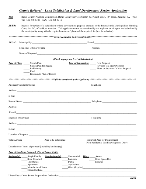First page of the County Referral – Land Subdivision & Land Development Review Application