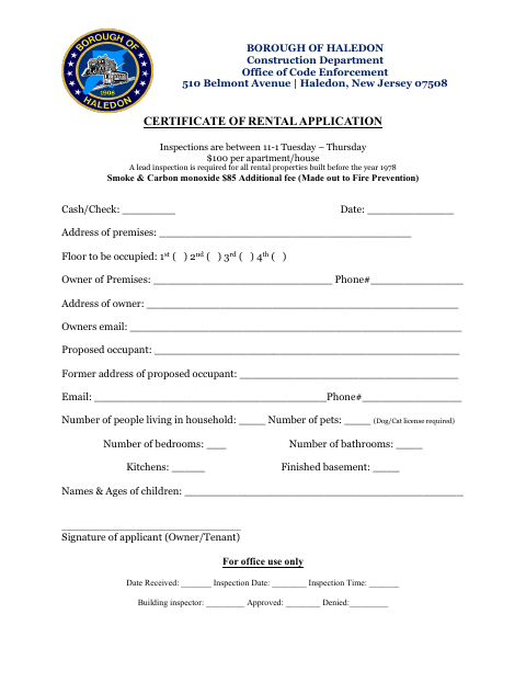 First page of the Certificate of Rental Application