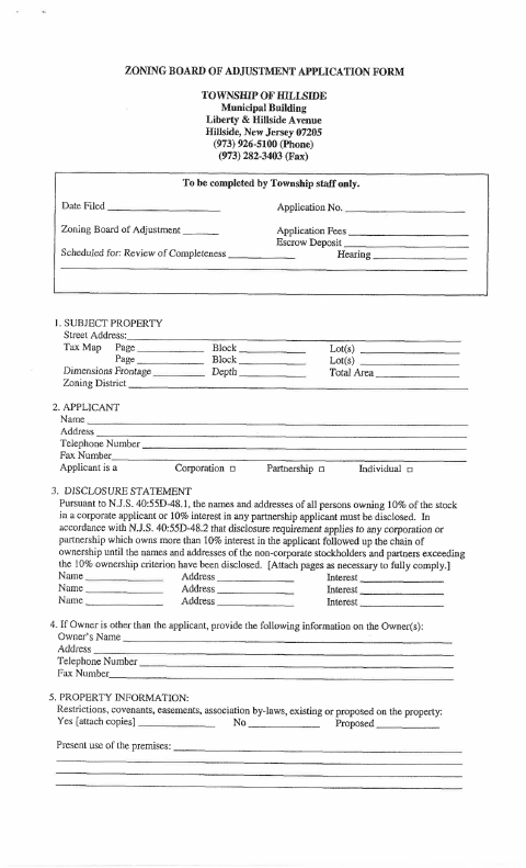 First page of the Zoning Board of Adjustment Application