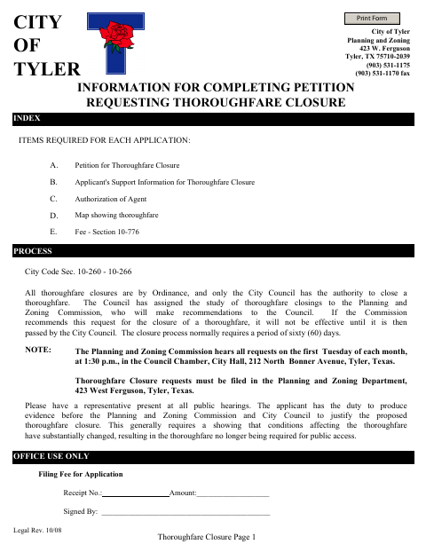 First page of the Thoroughfare Closure Application