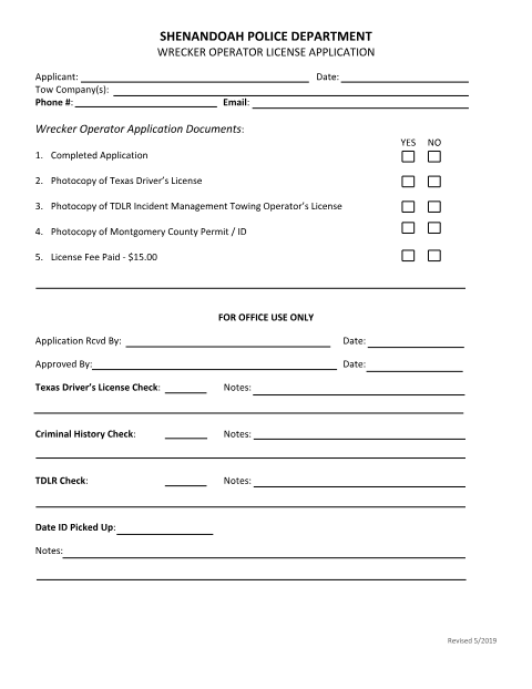 First page of the Wrecker Operator License Application