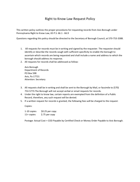First page of the Right to Know Law Request