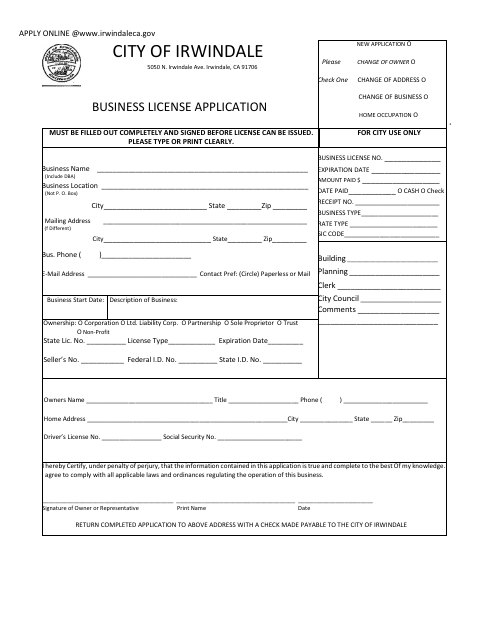First page of the Business License Application
